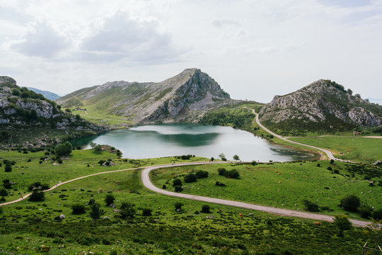 Panoramic view of Covadonga Lake Enol in Spain, in Europe Peaks in Asturias