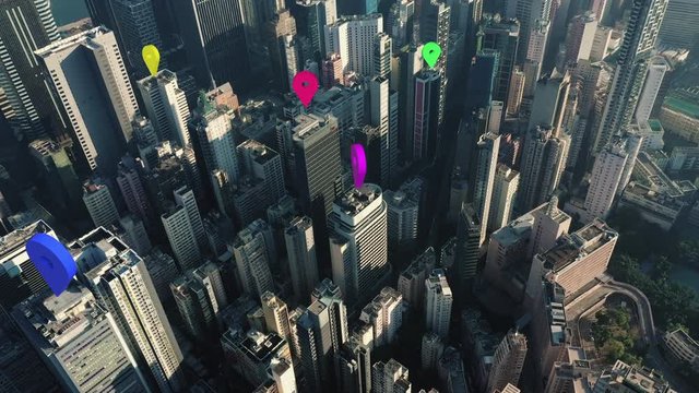 AERIAL. Navigation Concept, map pins animation with huge city on the background.