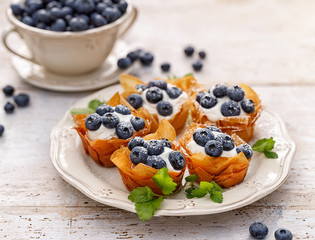 Phyllo cups with Mascarpone cheese filling topped with fresh blueberries on a white plate.  Delicious filo pastry dessert
