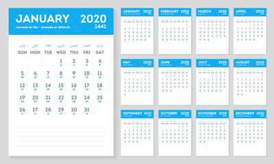 Islamic Calendar Year 2020-1441. Hijri and Gregorian calendar.