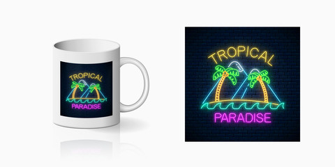 Neon happy summer print with two palms, island, mountains and text for cup design. Shiny summertime design in neon style