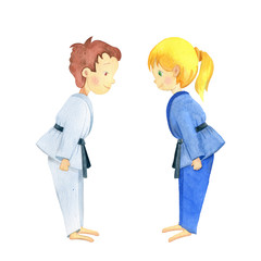Children in a judo welcome. Colorful watercolor illustration artwork drawn by hand. Suitable for martial arts such as aikido, judo, karate, jujitsu, budo