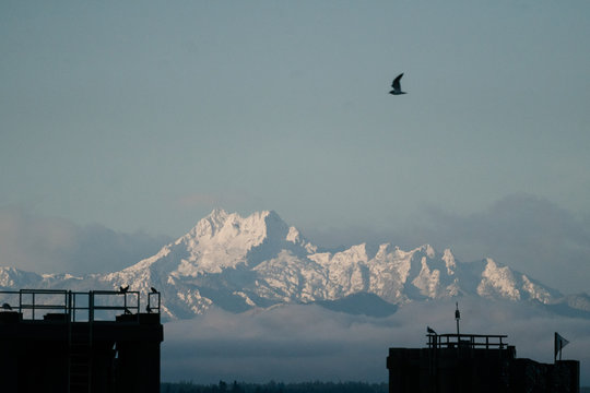 View of The Brothers mountain peaks from the Edmonds ferry terminal