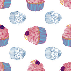 Seamless pattern of sweet cupcake. Hand drawn vector illustration in doodle style. Elements for greeting cards, posters, stickers and seasonal design.
