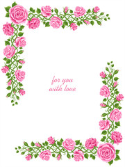 Obraz na płótnie Canvas Wonderland pink roses. Beautiful wreath of roses, leaves and bindweed. Frame with a place for text. vector illustration, greeting card , invitation, banner