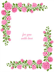 Wonderland pink roses. Beautiful wreath of roses, leaves and bindweed. Frame with a place for text. vector illustration, greeting card , invitation, banner