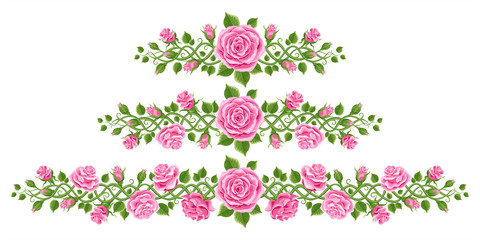 beautiful wreath of pink roses, leaves and bindweed.  Horizontal banner, vector illustration