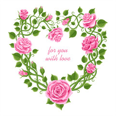 Wonderland pink roses. Beautiful wreath of roses, leaves and bindweed. Frame with a place for text. vector illustration, greeting card , invitation, banne