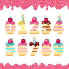 Sweet happy birthday. Font of cakes. Bakery sweet numbers with pink , glaze, berries and candles. Vector poster