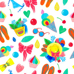 Seamless pattern Watercolor illustration summer travel clipart Tropical leaves shoes clothing hat ball ice cream cupcake on white background.