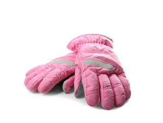 Pair of pink ski gloves isolated on white. Winter sports clothes