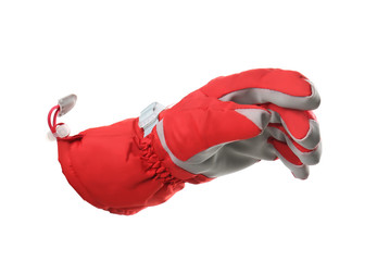 Woman wearing red ski glove on white background, closeup. Winter sports clothes