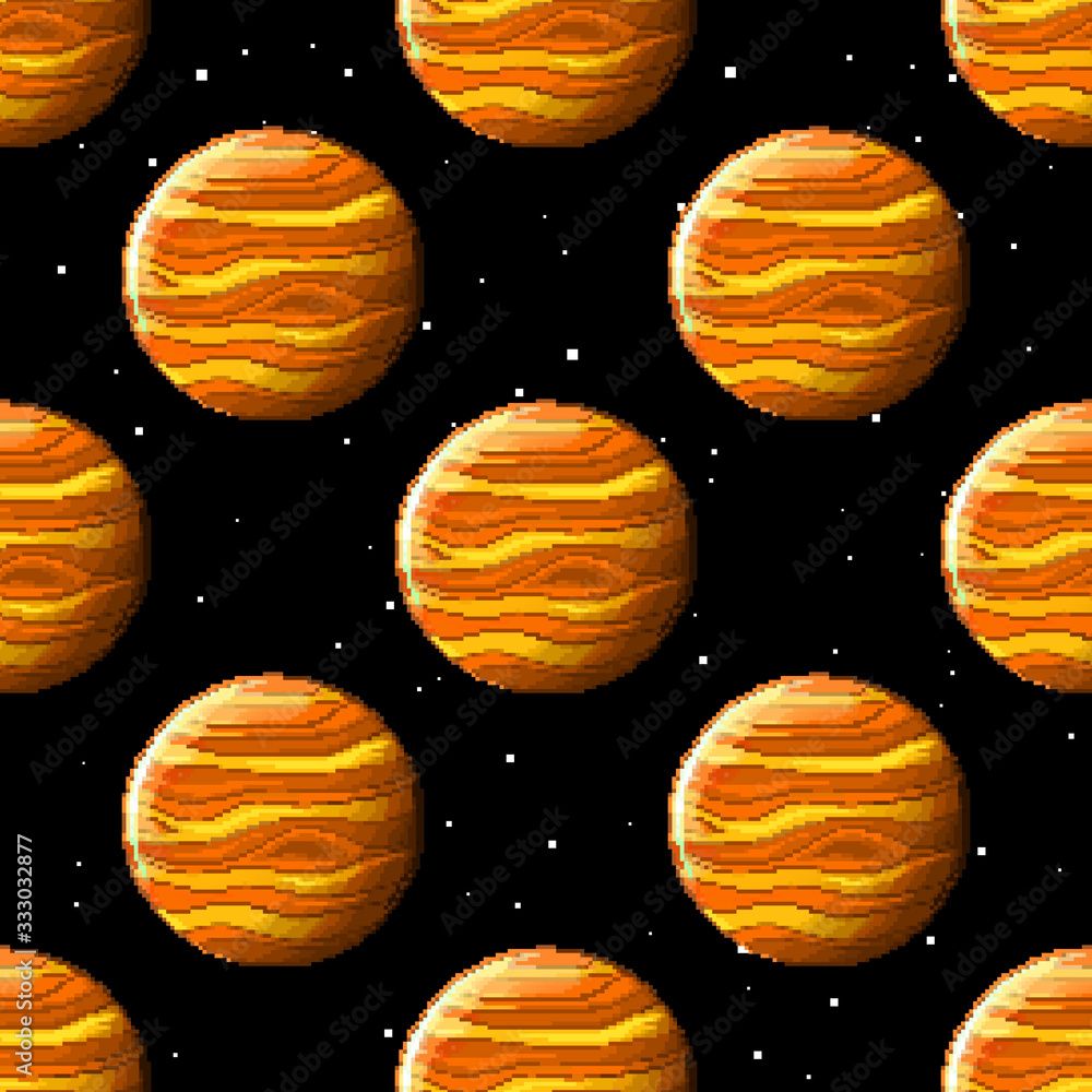 Poster vector seamless pattern of planets. pixel art planets. 8 bit retro background.