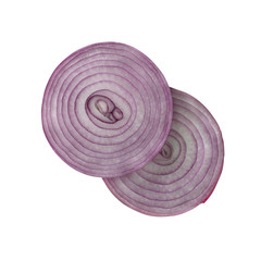 Natural looking two slices of red or purple onion isolated on white background