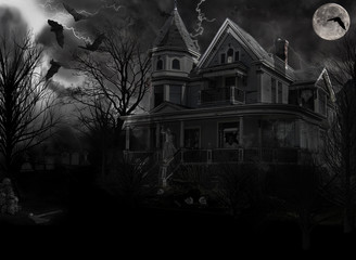 Spooky Old Haunted House in the night, moon shining on, bats circling around