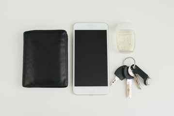 Items that are primarily in need of disinfection against coronavirus. Phone, keys, wallet and...