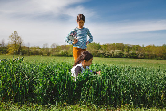 two young girls play together in tall grass on a beautiful Spring day