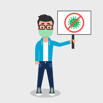 Stop coronavirus concept. Young man with face mask holding banner with stop coronavirus sign. Fight against COVID 19. Coronavirus quarantine and closed borders. Vector illustration, flat, clip art.