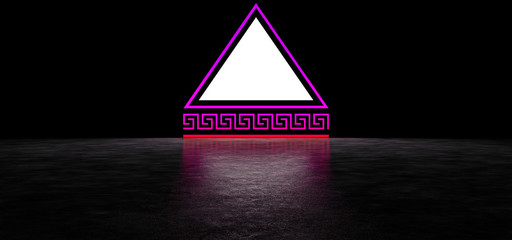 A luminous white triangular screen and luminous stripes of purple and red in a dark space. 3D Render.