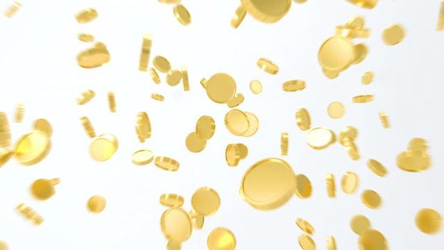 3d animation. Gold coins falling down on white background.  Buisness concept.