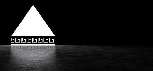 Glowing pyramid with Greek ornament at the base. Glowing abstract triangle portal with antique pattern. 3d render.