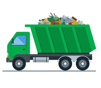 a truck loaded with garbage goes to a landfill. flat vector illustration