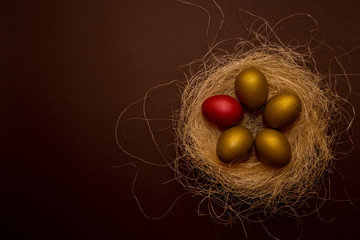 Easter golden eggs and one red egg in the decorative nest on dark background. Easter concept. Happy Easter greeting card.