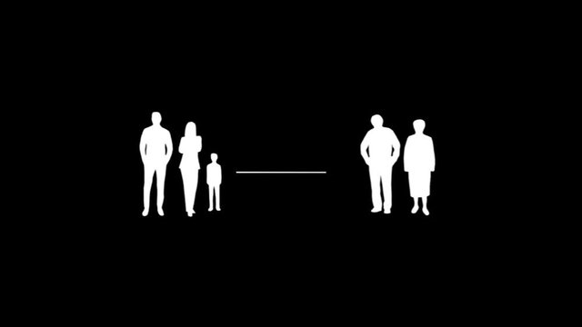 Social distancing illustration of a young family and their grandparents, white icons on a black background