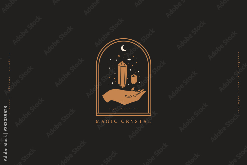 Aufkleber logo template with magic crystals on black background. magic stone quartz sparkles and hovers above 