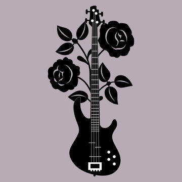 Isolated vector illustration. Electric bass guitar with rose branch. Monochrome silhouette. Romantic rock music emblem.