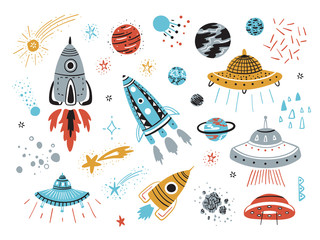 Ensemble de vecteurs spatiaux avec des fusées de dessin animé, des planètes, des étoiles, des comètes et des ovnis.