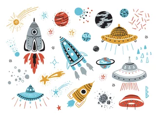 Papier Peint photo Cosmos Ensemble de vecteurs spatiaux avec des fusées de dessin animé, des planètes, des étoiles, des comètes et des ovnis.