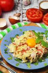 A plate with traditional pasta carbonara	