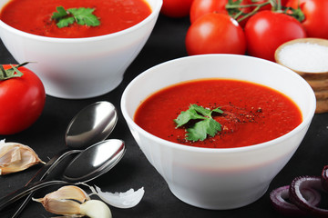 Two plates with gazpacho - traditional Spanish tomato soup	