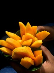 slices of spicy mangoes wrapped up in a jack fruit leaf  holding from both handshand