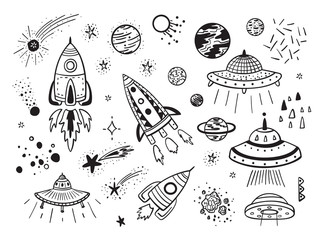 Space Vector Set. Hand drawn Doodle Cartoon Rockets, Planets, Stars, Comets and UFOs.