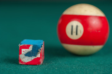 Billiards balls and cue on billiards table. Billiard sport concept. Chalk block on biliard table.