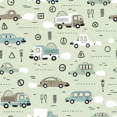 Tapeten Cartoon-Transport-Hintergrund für Kinder. Vektornahtloses Muster mit Gekritzel-Spielzeugautos und Verkehrszeichen © AllNikArt