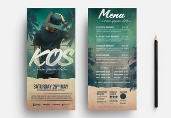 Event Flyer Layout with Green Textured Background and Palm Tree Illustrations