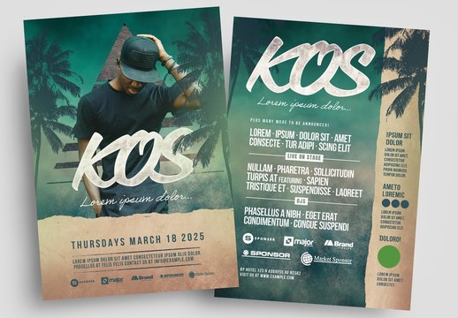 Event Flyer Layout with Green Textured Background and Palm Tree Illustrations