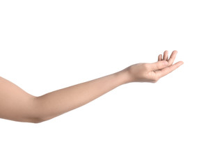 Woman against white background, closeup on hand