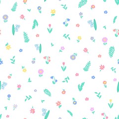 Seamless repeat pattern with pastel colors tossed sweet spring florals flowers, daisies, bluebells, lilies, leaves and branches