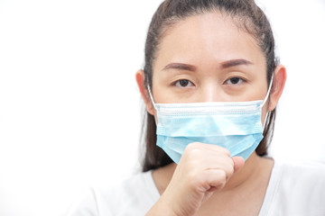 The image face of a young Asian woman wearing a mask to prevent germs, toxic fumes, and dust. Prevention of bacterial infection Corona virus or Covid 19 the air in a white background