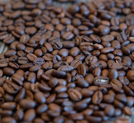Coffee beans on a wooden table, top view.