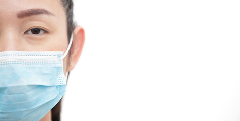 The image face of a young Asian woman wearing a mask to prevent germs, toxic fumes, and dust. Prevention of bacterial infection Corona virus or Covid 19 the air in a white background