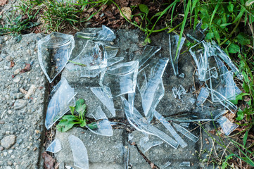 Broken glass cup pieces cloesup