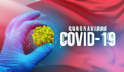 Coronavirus COVID-19 outbreak concept, health threatening virus, background waving national flag of Bahrain. Pandemic stop Novel Coronavirus outbreak covid-19 3D illustration.