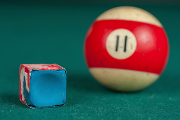 Billiards balls and cue on billiards table. Billiard sport concept. Chalk block on biliard table.