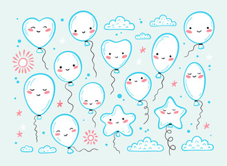 Holiday or Birthday Vector Set with doodle Cute Balloons, Clouds, Sun and Stars. Festive Kawaii Balloons. Cartoon Balloon with Funny Face for Baby Shower design.