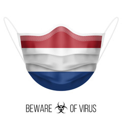 Medical Mask with National Flag of Netherlands as Icon on White. Protective Mask Virus and Flu. Surgery Concept of Health Care Problems and Fight Novel Coronavirus (2019-nCoV) in Form of Dutch flag